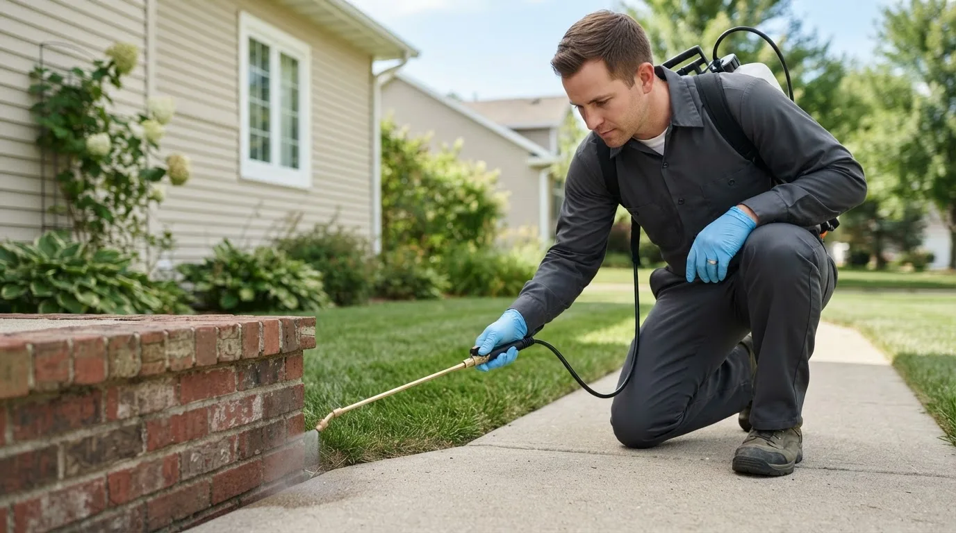 Pest control technician treating a home near Wyandotte, OK