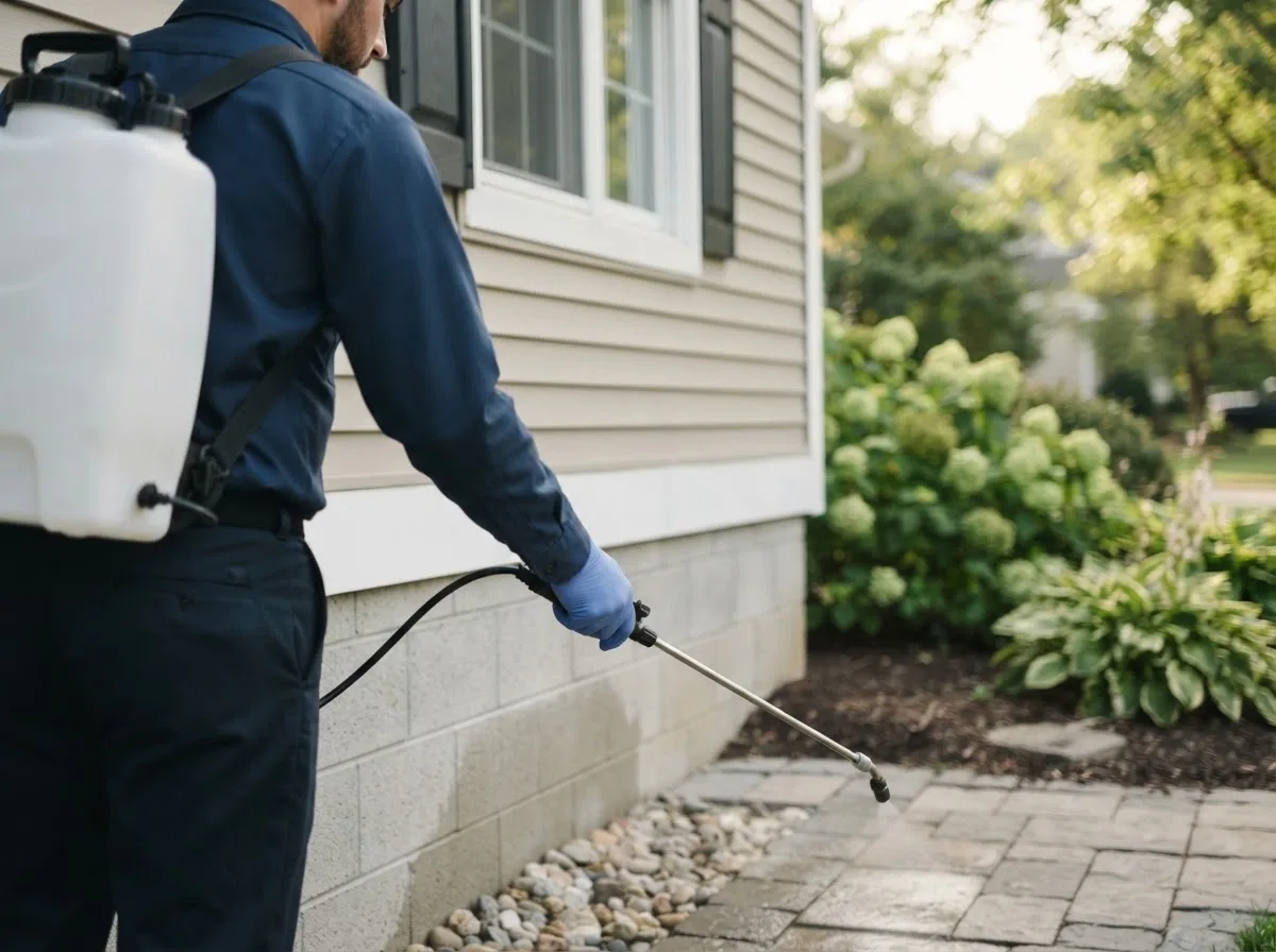 Pest control technician inspecting a home in Wyandotte, OK